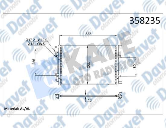 KALE 358235 Klima Radyatoru Hyundai I20 I20 Active 1.2 1.4 15> Kurutucu Ile (Brazing Al/Al) (518x352x16)